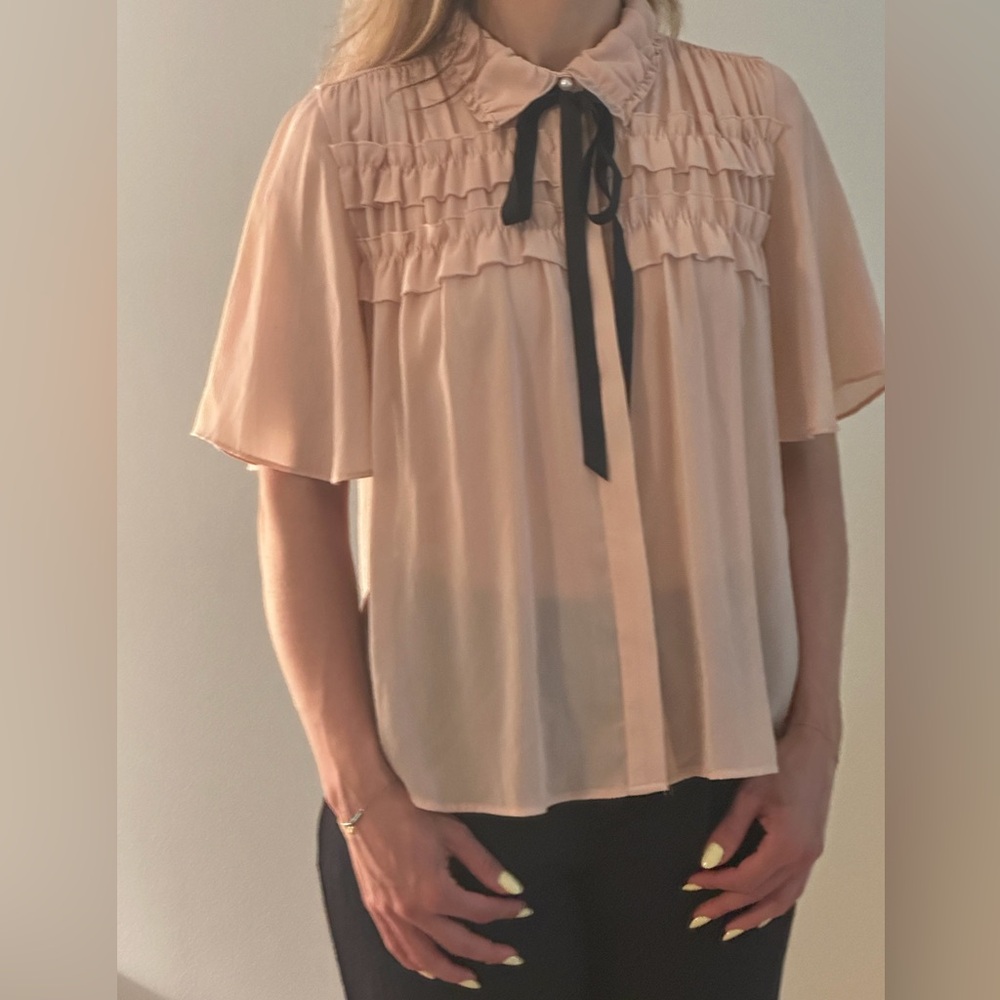 Zara Pale Pink Ruffle Front Blouse with Black Tie